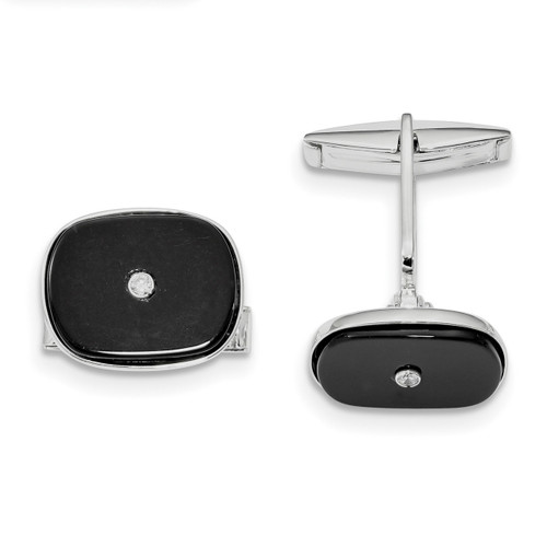 Black Agate & CZ Cufflinks Sterling Silver Rhodium-plated QQ606