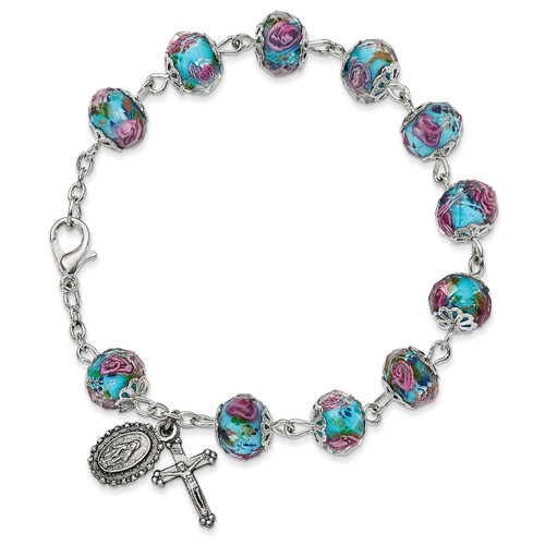 Handpainted Aqua Beads Rosary Bracelet Silver-tone GM13493
