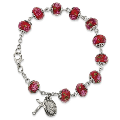 Handpainted Red Beads Rosary Bracelet Silver-tone GM13495