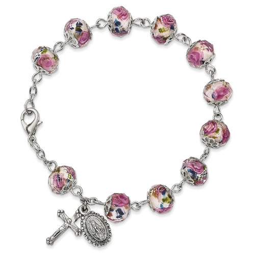 Handpainted White/Pink Beads Rosary Bracelet Silver-tone GM13497