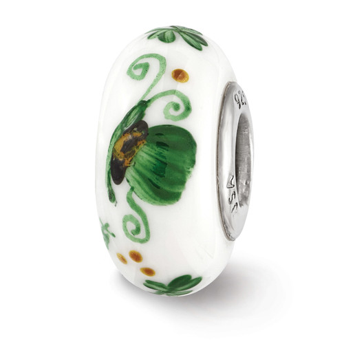 Green Irish Fenton Glass Bead Sterling Silver Hand Painted QRS3604