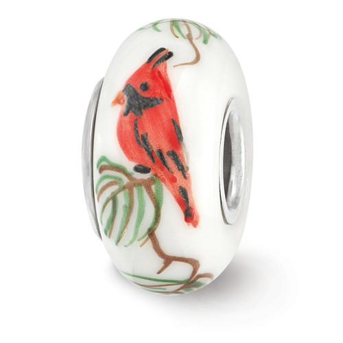 White Cardinal Fenton Glass Bead Sterling Silver Hand Painted QRS3654