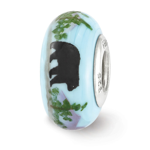 Mountain Bear Fenton Glass Bead Sterling Silver Hand Painted QRS3657