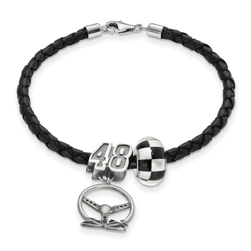 Leather Bracelet One Crossed Flag Bead 48 Bead Steering Sterling Silver NASBS00848