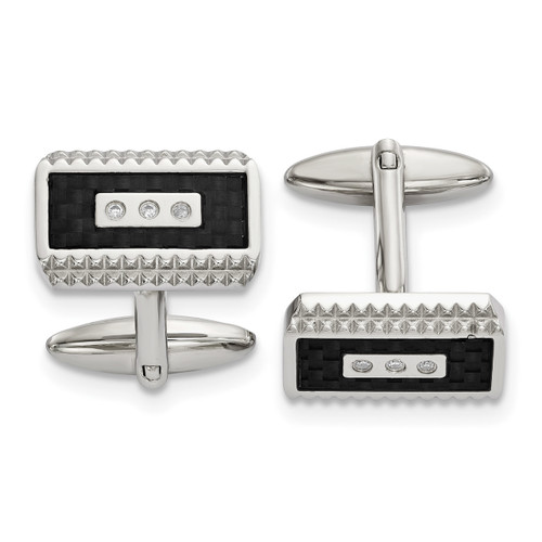 Black Carbon Fiber Inlay with Diamond CZ Cufflinks Stainless Steel Polished SRC387