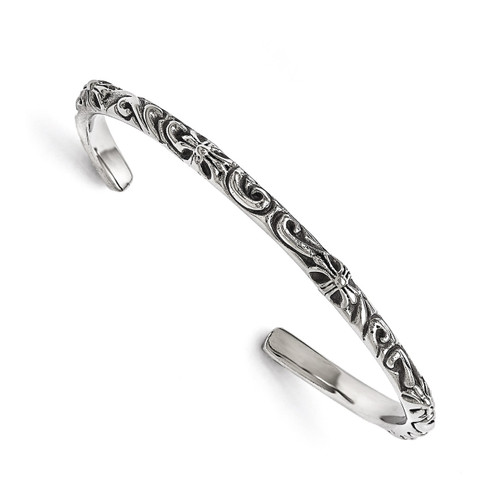 Polished Antiqued Scroll Thin Cuff Bangle - Stainless Steel SRB1575