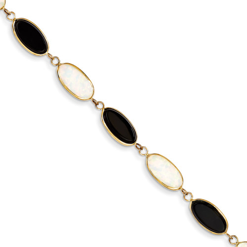 7.5in Onyx & Imitation Opal Bracelet 7.5 Inch 14k Gold XF2627-7.5