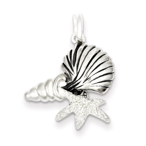 Antiqued Laser Cut Satin Seashells Pendant Sterling Silver Polished QC7647