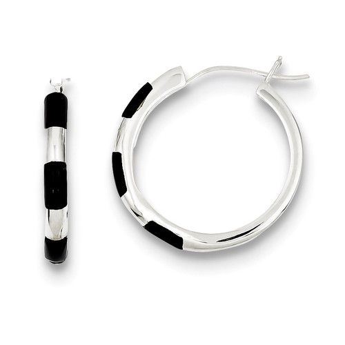 Onyx Inlay Hoop Earrings Sterling Silver QE1069