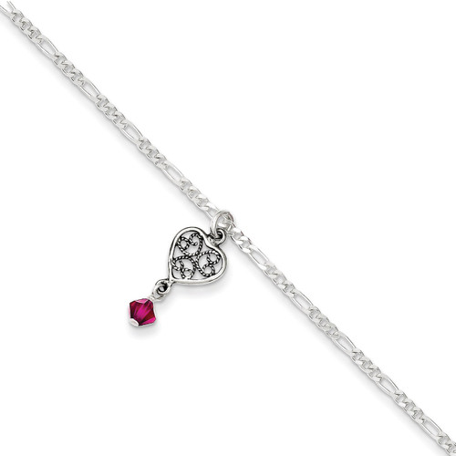 10 Inch Dark Pink Crystals Dangling Hearts Anklet Antiqued Sterling Silver QG1209-10