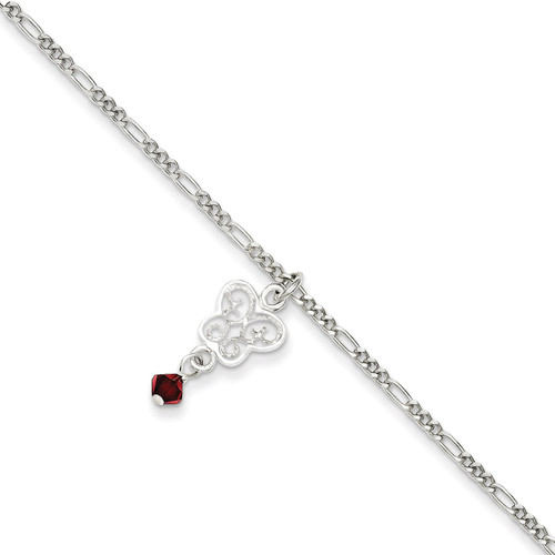 10 Inch Dark Pink Crystals & Dangling Butterflies Anklet Sterling Silver QG1213-10