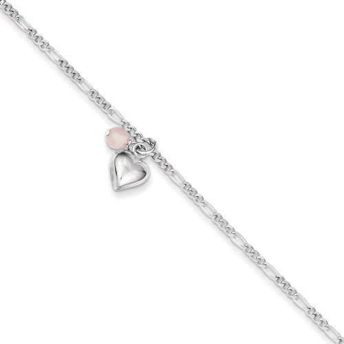 10 Inch Cherry Quartz & Dangling Hearts on Figaro Link Anklet Sterling Silver QG1214-10