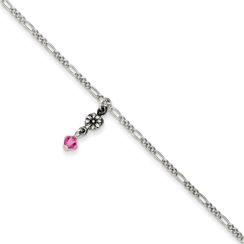 10 Inch Antiqued Pink Crystal Beaded Anklet Sterling Silver Polished QG1217-10