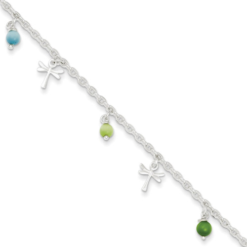 10 Inch Dragonflies Aqua & Green Beads 9in 1ext. Anklet Sterling Silver Polished QG2142-10