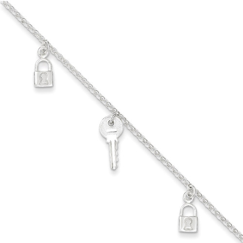 10 Inch Lock & Key Anklet Sterling Silver Polished QG2147-10