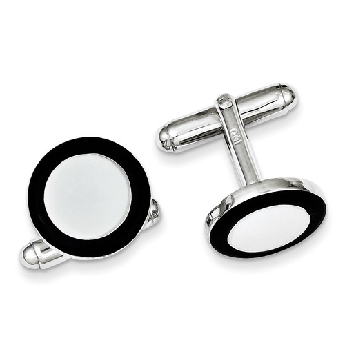 Black Enamel Round Cufflinks Sterling Silver QQ435