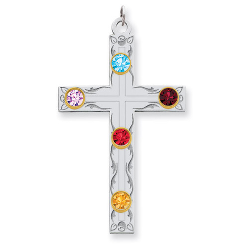 5 Birthstones Bezel Family Crystal Cross Pendant Sterling Silver & 14k Gold QMP5/5G