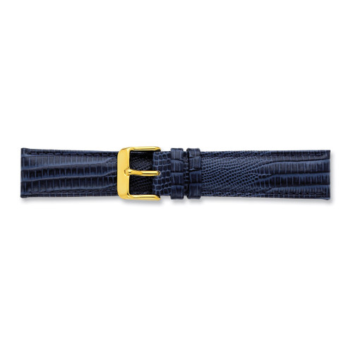 16mm Navy Teju Lizzard Grain Leather Buckle Watch Band 7.5 Inch Gold-tone BA204-16