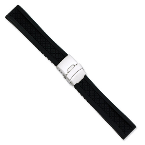 22mm Black Lattice Design Silicone Silver-tone Deploy Buckle Watch Band 7.25 Inch BA222-22