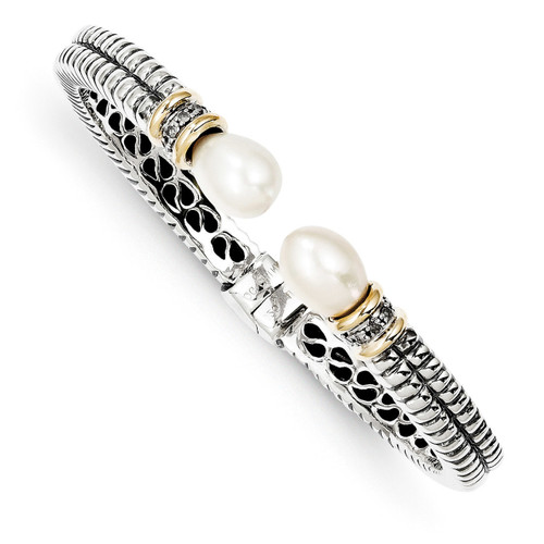 11.5mm Cultured Pearl & Diamond Cuff Bangle Sterling Silver & 14k Gold QTC100