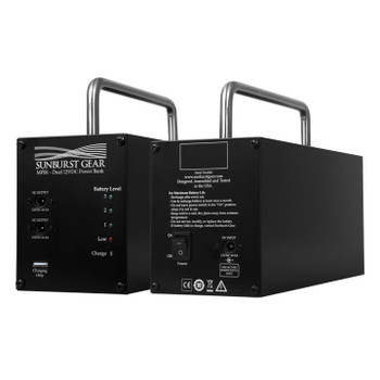 Sunburst Gear MPB1 Dual Output Power Bank for MM series Speakers - front and rear side by side view Sunburst Gear MPB1 Dual Output Power Bank for MM series Speakers - front and rear side by side view