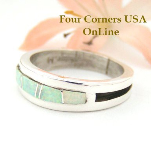 Size 10 White Fire Opal Inlay Ring Native American Silver Jewelry by