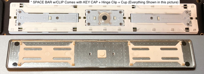 Space Bar Key kit comes with hinge clip and clear rubber cup parts