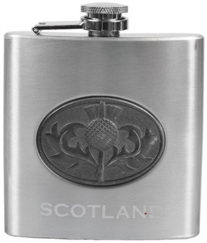 6oz Hip Flask With Two 1oz Shot Glasses And Small Funnel With Scottish Thistle Design 6oz Hip Flask With Two 1oz Shot Glasses And Small Funnel With Scottish Thistle Design