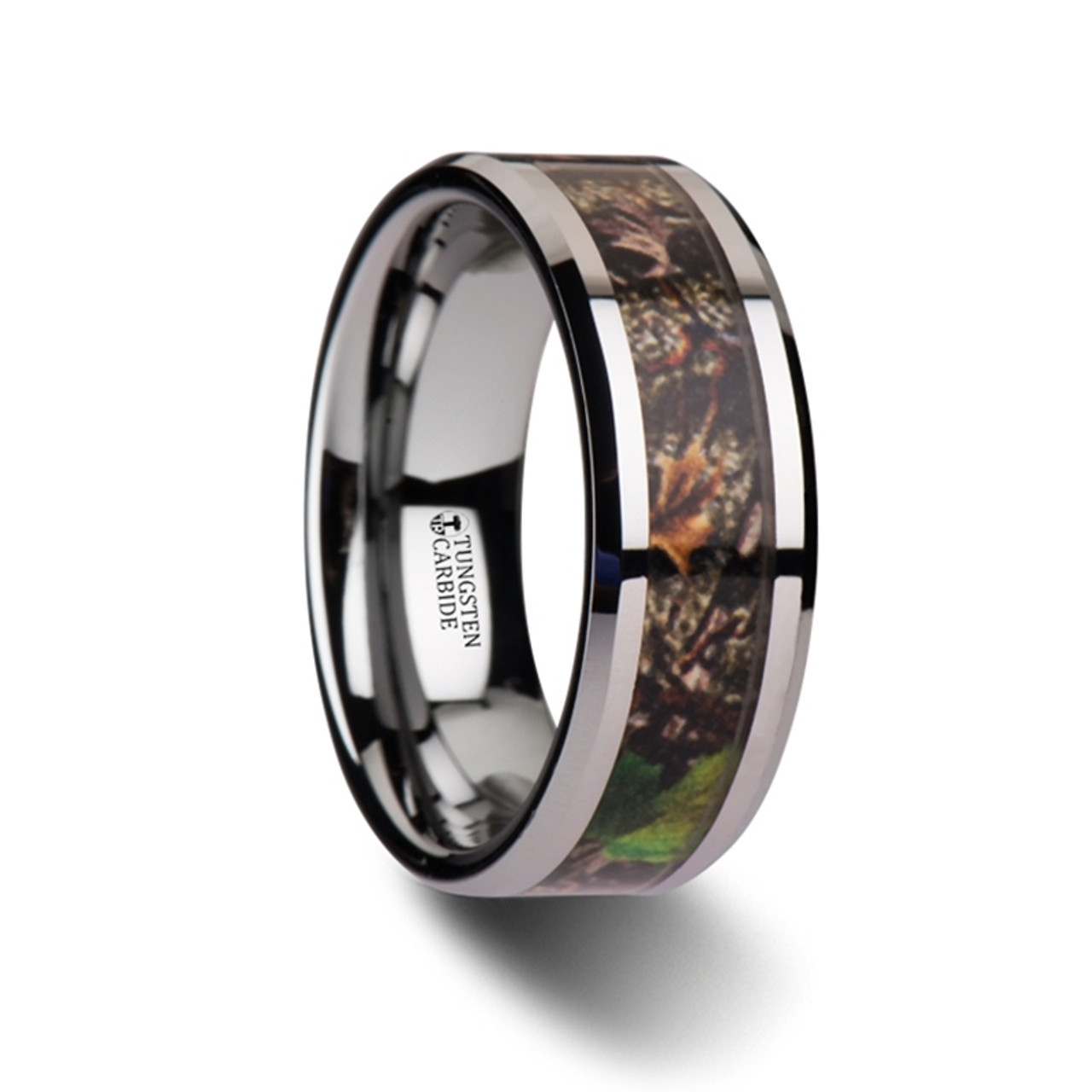 Roman Camouflage Tungsten Carbide Wedding Band With Green Leaves Roman Realistic Tree Camouflage Tungsten Carbide Wedding Band With Green Leaves At Rotunda Jewelers