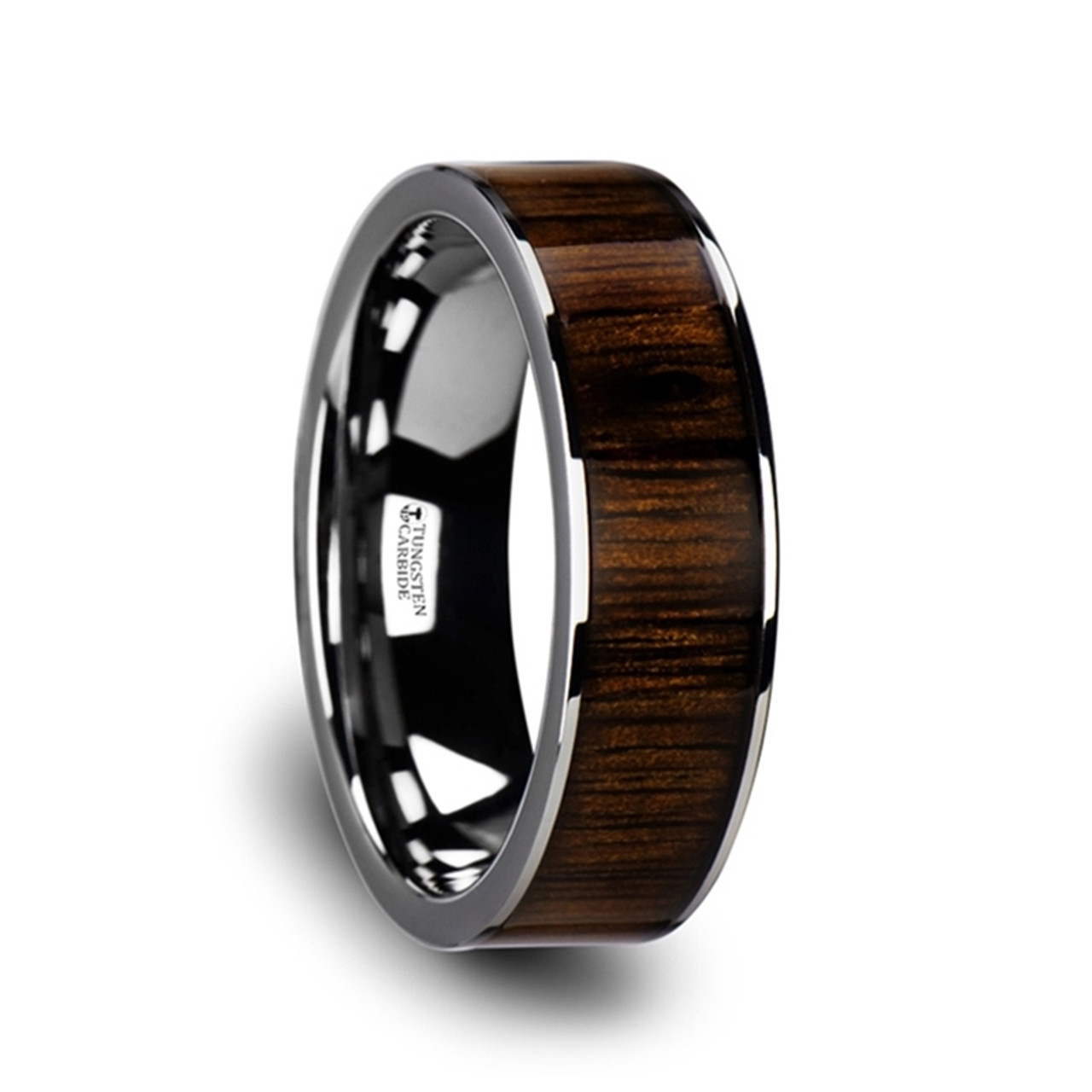 Heliotrope Flat Tungsten Wedding Band With Black Walnut Wood Inlay Heliotrope Flat Tungsten Wedding Band With Black Walnut Wood Inlay At Rotunda Jewelers