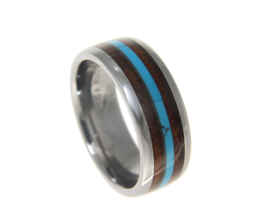 Hawaiian Koa Wood Inlaid & Turquoise Center Tungsten Wedding Band Hawaiian Koa Wood Inlaid & Turquoise Center Tungsten Wedding Band