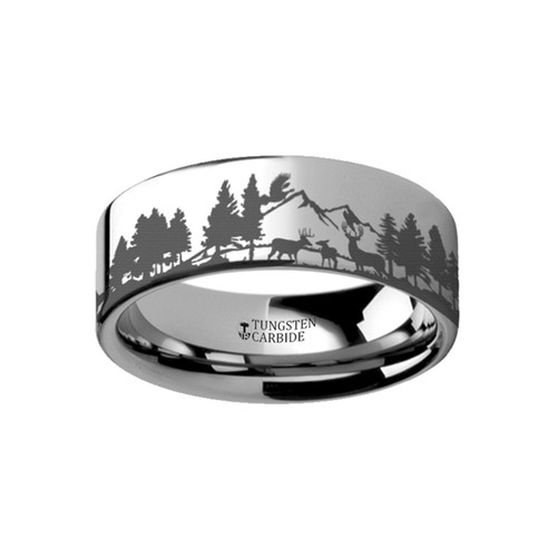 Bur Landscape Scene with Deer and Mountain Range Engraved Flat Tungsten Ring at Rotunda Jewelers Bur Landscape Scene with Deer and Mountain Range Engraved Flat Tungsten Ring at Rotunda Jewelers