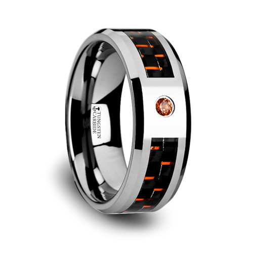 Isle Tungsten Band with Black & Orange Carbon Fiber and Orange Padparadscha at Rotunda Jewelers Isle Tungsten Band with Black & Orange Carbon Fiber and Orange Padparadscha at Rotunda Jewelers