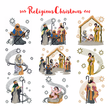 Religious Christmas Collection of 9 Machine Embroidery Designs in Stitched Religious Christmas Collection of 9 Machine Embroidery Designs in Stitched