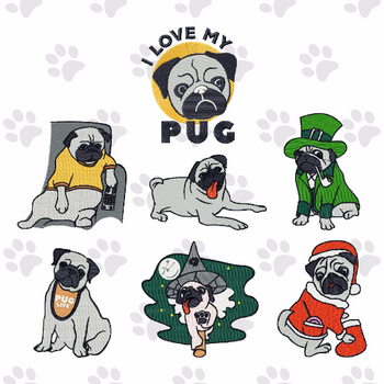 Pug Collection of 7 Machine Embroidery Designs Pug Collection of 7 Machine Embroidery Designs