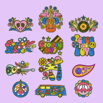 Psychedelic 60's Collection of 12 Machine Embroidery Designs Psychedelic 60's Collection of 12 Machine Embroidery Designs