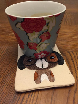 Cute Dog With Cup On Head Mug Rug In The Hoop Machine Embroidery Design Cute Dog With Cup On Head Mug Rug In The Hoop Machine Embroidery Design
