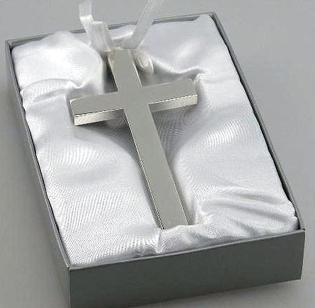 Personalized Silver Plated Cross with White Ribbon