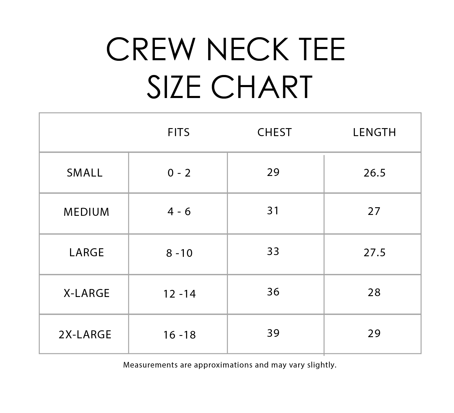 Bride Shirt Size Chart