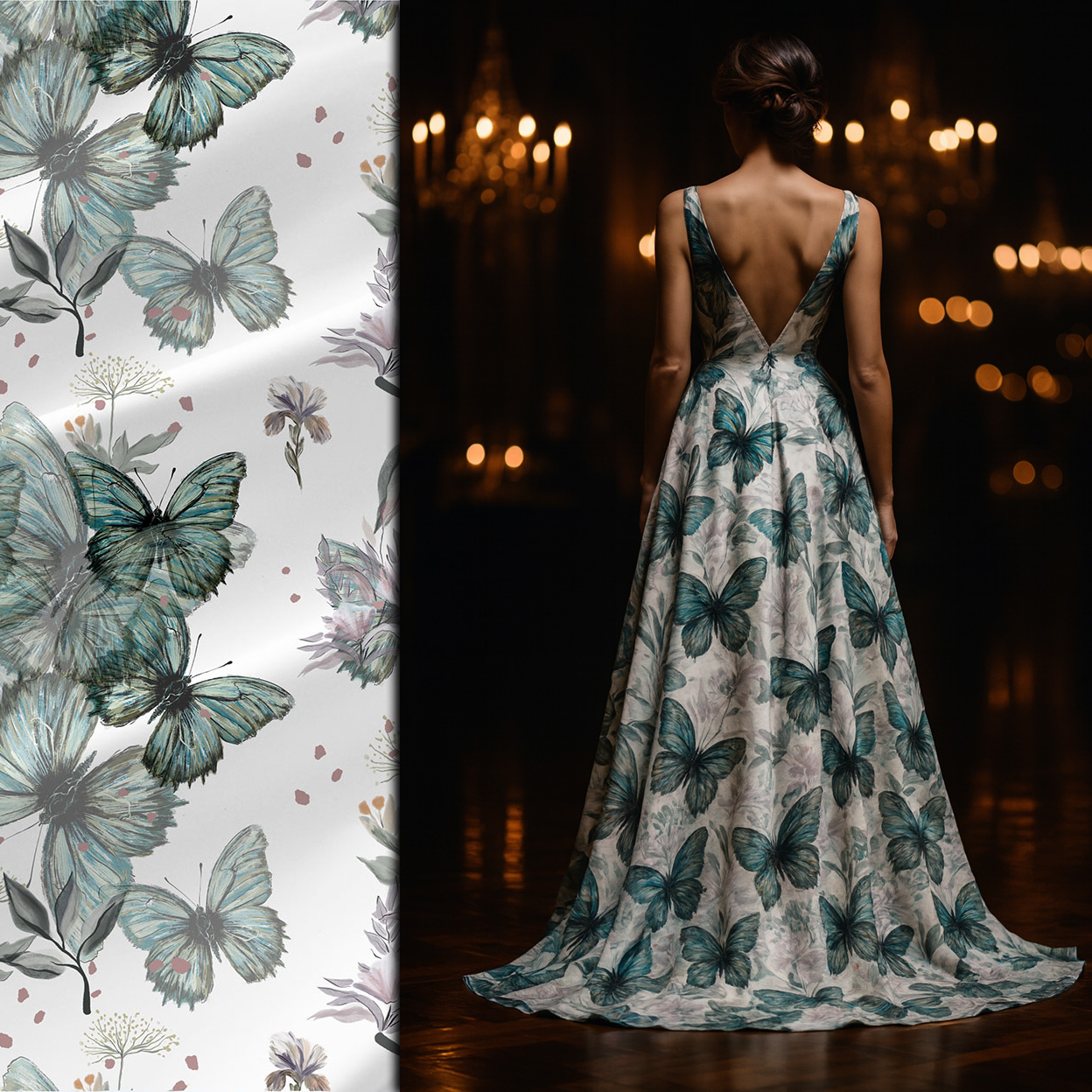Butterfly Reverie Meadow White and Teal artist-designed fabric shown as a surface pattern and elegant printed gown