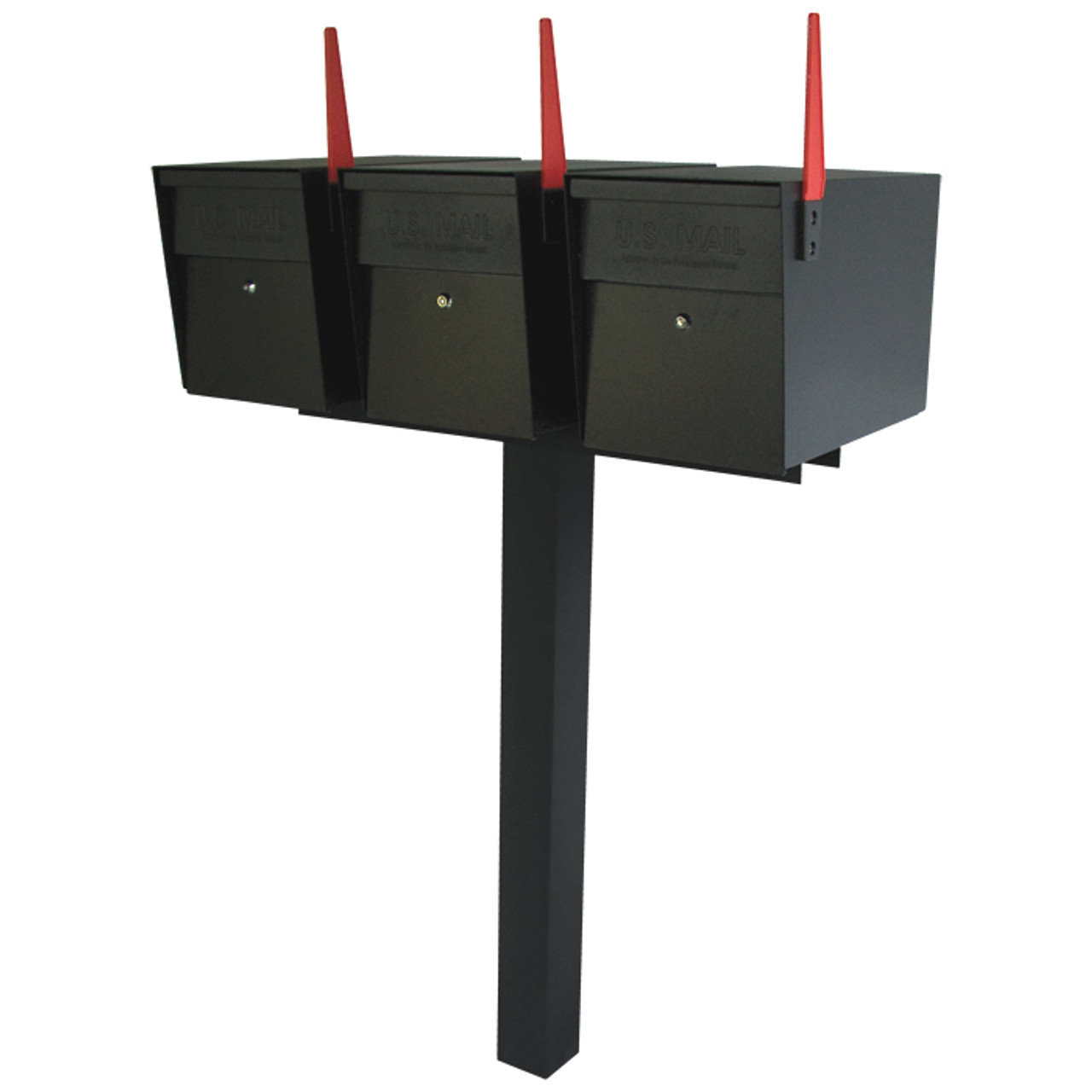 Three Mailboss Lockable Mailboxes with Spreader Bar and Post Curbside