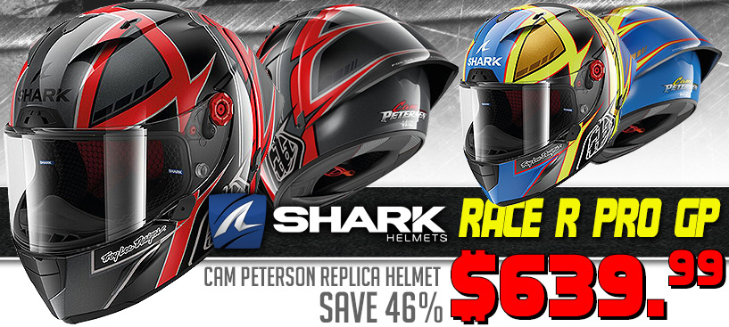 Save $560 on the Shark Race-R Pro Carbon GP Cam Petersen Replica Helmet Save $560 on the Shark Race-R Pro Carbon GP Cam Petersen Replica Helmet