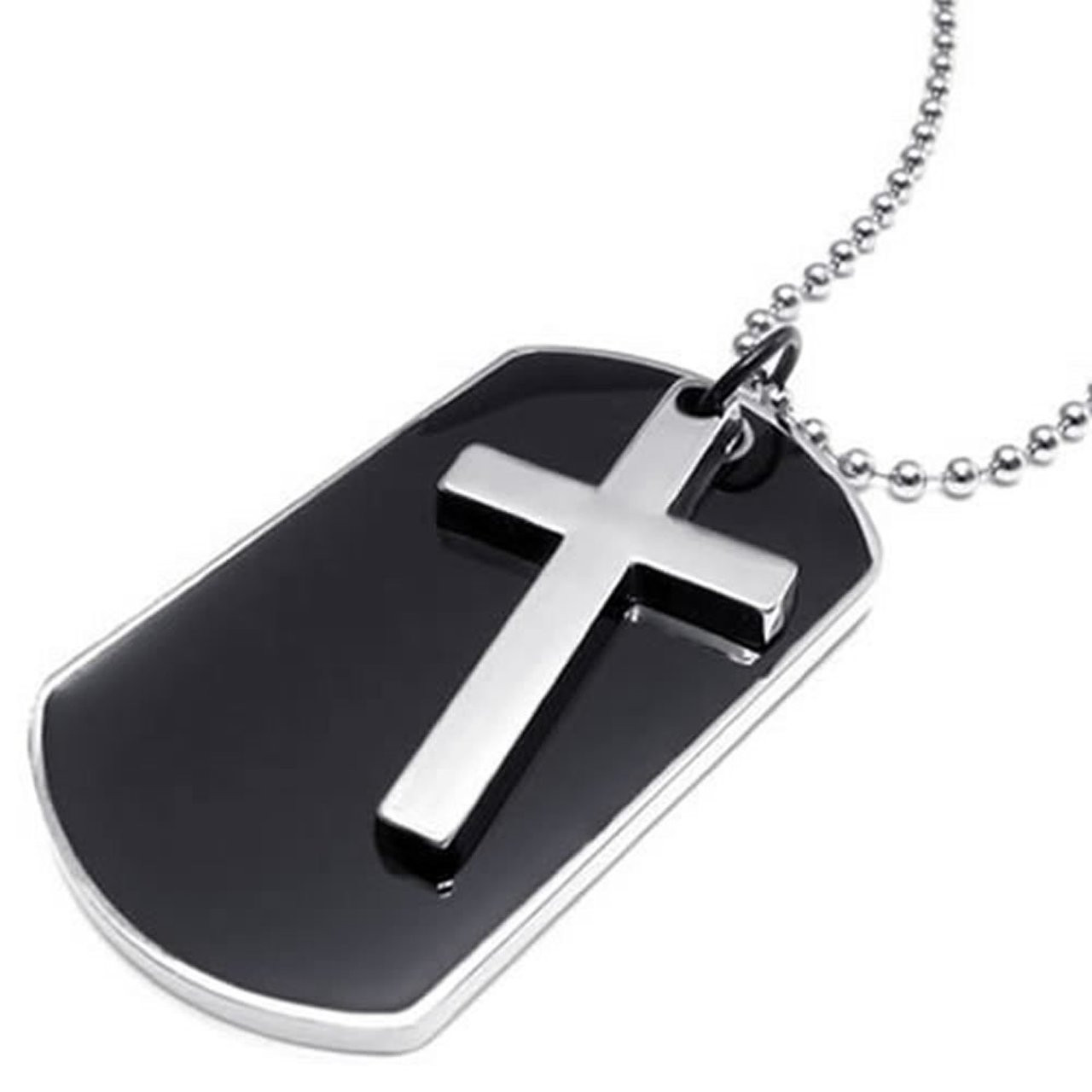 Army Style Black Dog Tag Silver Cross Pendant Mens Necklace