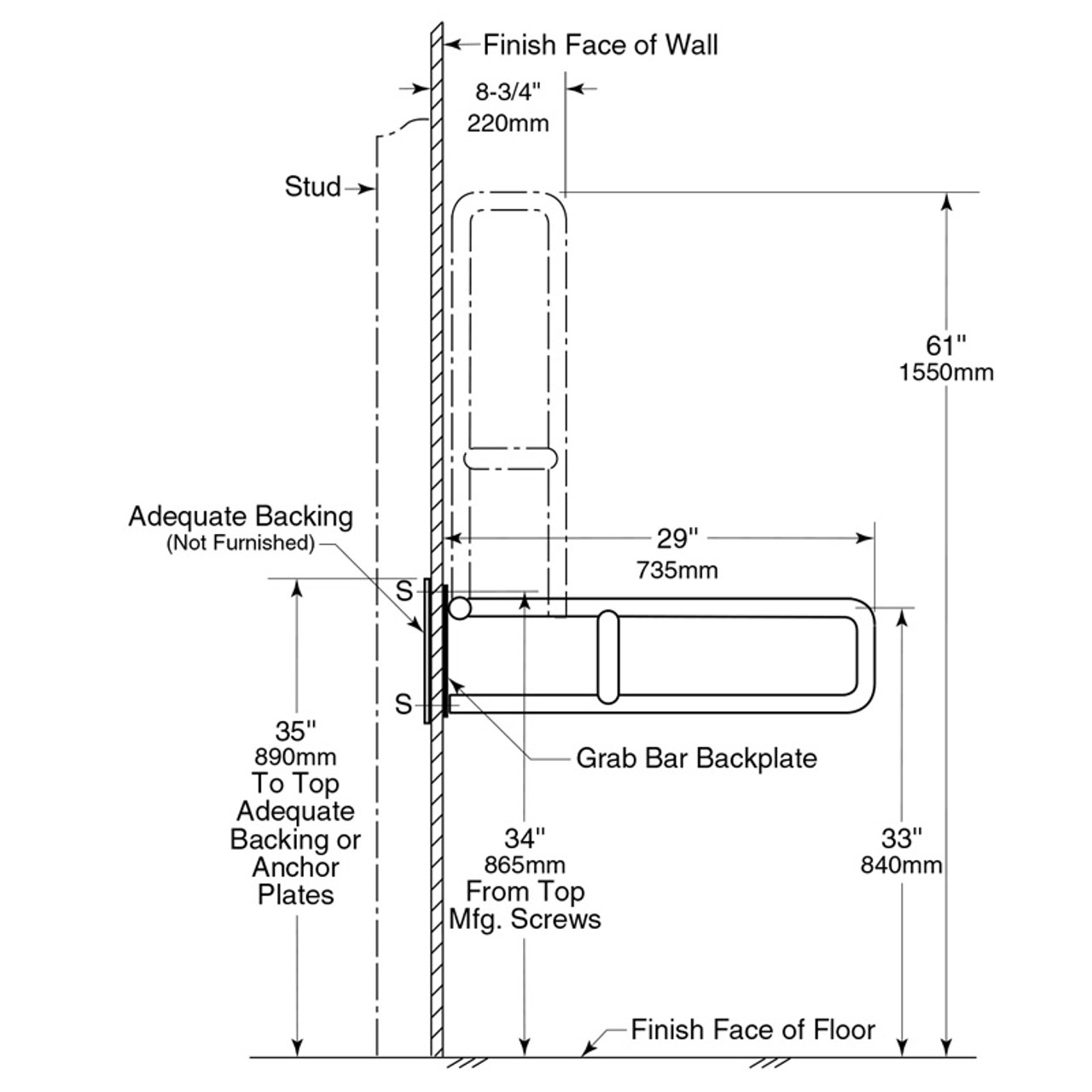Bobrick Stainless Steel Swing Up Grab Bar (B4998)