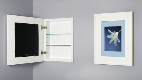 White (13 1/8 x 16) concealed medicine cabinet with picture frame door, display your own art instead of a mirror White (13 1/8 x 16) concealed medicine cabinet with picture frame door, display your own art instead of a mirror