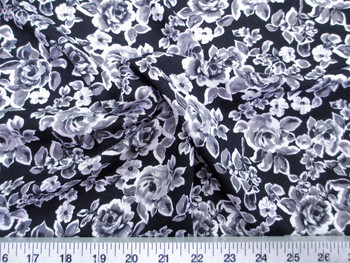 Discount Fabric Challis Rayon Apparel Gray Black and White Rose Floral F306 Discount Fabric Challis Rayon Apparel Gray Black and White Rose Floral F306