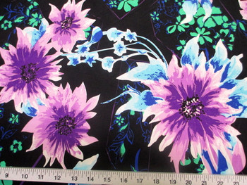 Discount Fabric Printed Jersey Knit ITY Stretch Bold Floral Purple Black C400 Discount Fabric Printed Jersey Knit ITY Stretch Bold Floral Purple Black C400