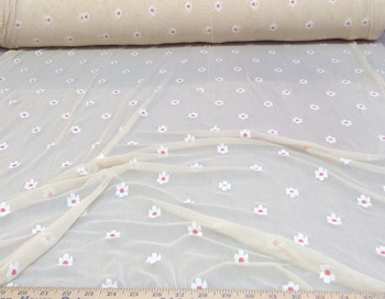 Discount Fabric Daisies on Cream PowerNet Mesh Spandex 4 way Stretch sheer LC366 Discount Fabric Daisies on Cream PowerNet Mesh Spandex 4 way Stretch sheer LC366