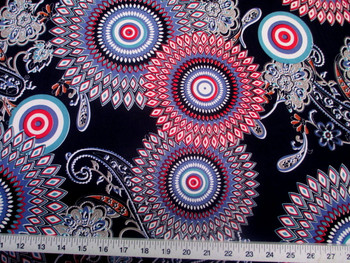Discount Fabric Printed Spandex Stretch Sunflower Turquoise Blue and Red D301 Discount Fabric Printed Spandex Stretch Sunflower Turquoise Blue and Red D301
