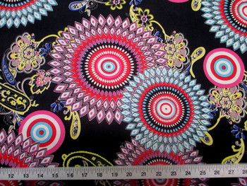 Discount Fabric Printed Spandex Stretch Sunflower Pink Yellow and Turquoise D401 Discount Fabric Printed Spandex Stretch Sunflower Pink Yellow and Turquoise D401